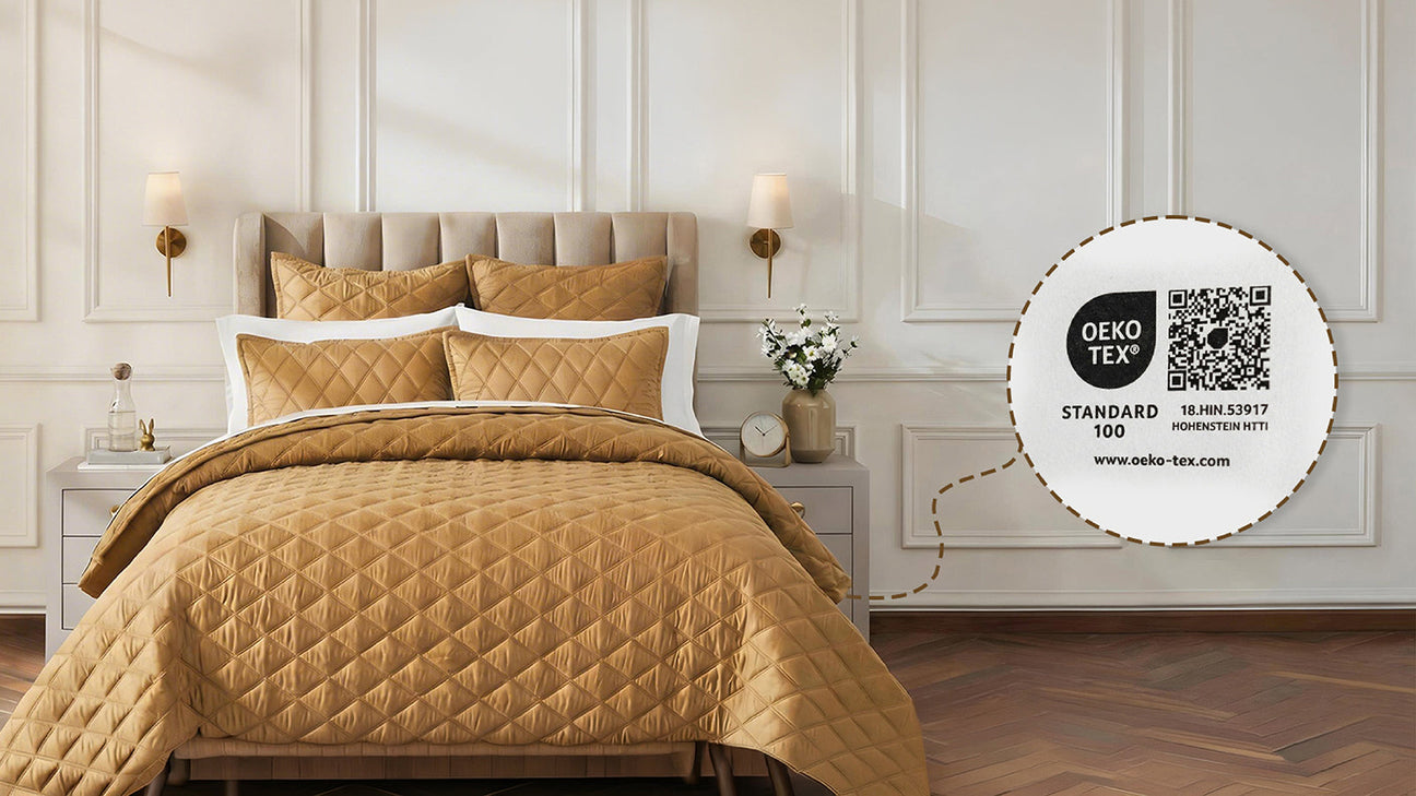 OEKO-TEX® STANDARD 100 certified quilted bedding set displayed on a modern bedroom bed. Close-up of OEKO-TEX® STANDARD 100 label showing textile safety and quality certification.