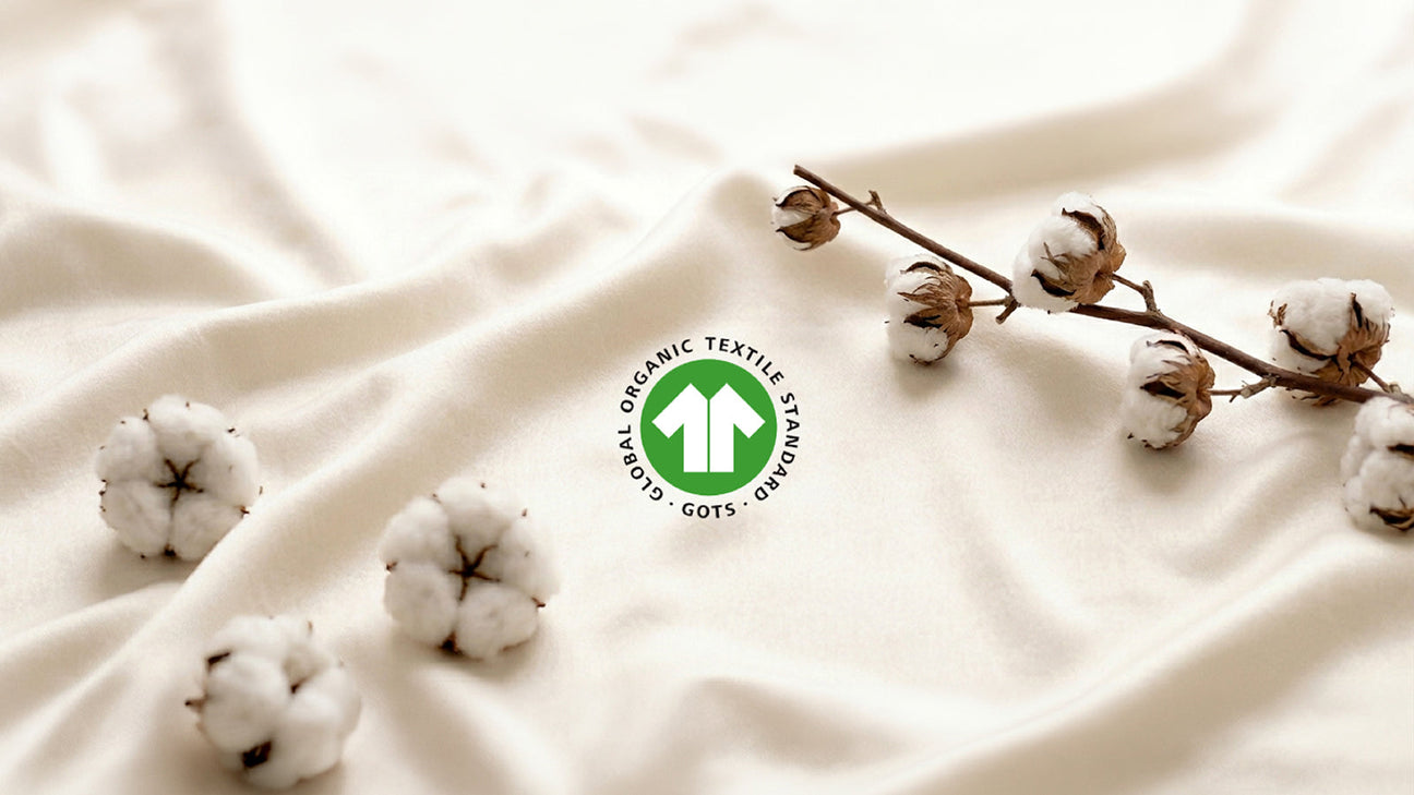 Cotton balls on soft fabric with GOTS logo representing GOTS certification for organic textiles.
