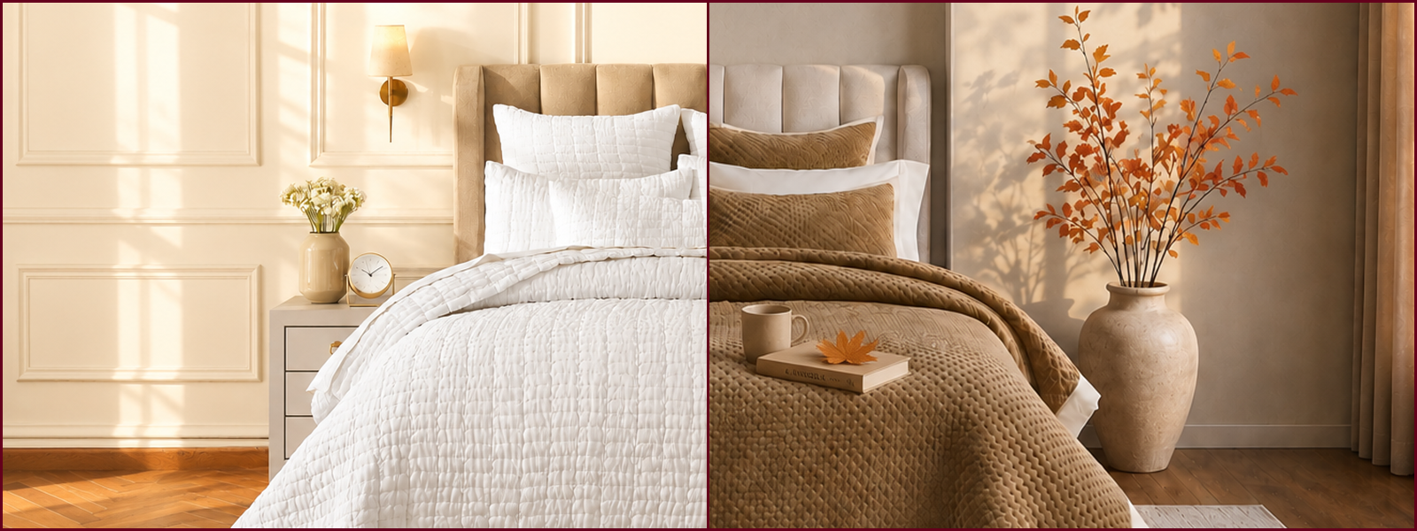   Luxury bedding styled two ways for fall, with crisp white quilting and warm brown textured layers. 