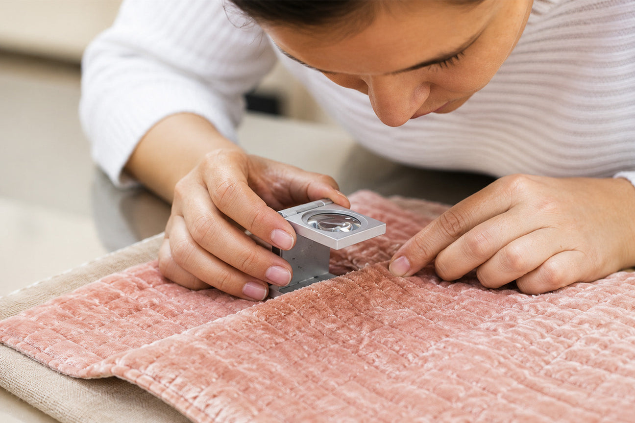 Textile quality inspection of blush pink fabric for OEKO-TEX certified bedding