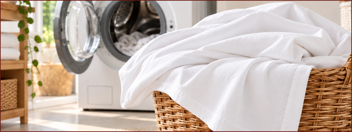 Orchids Lux Home prewashed white bedding beside a washing machine and woven laundry basket. 