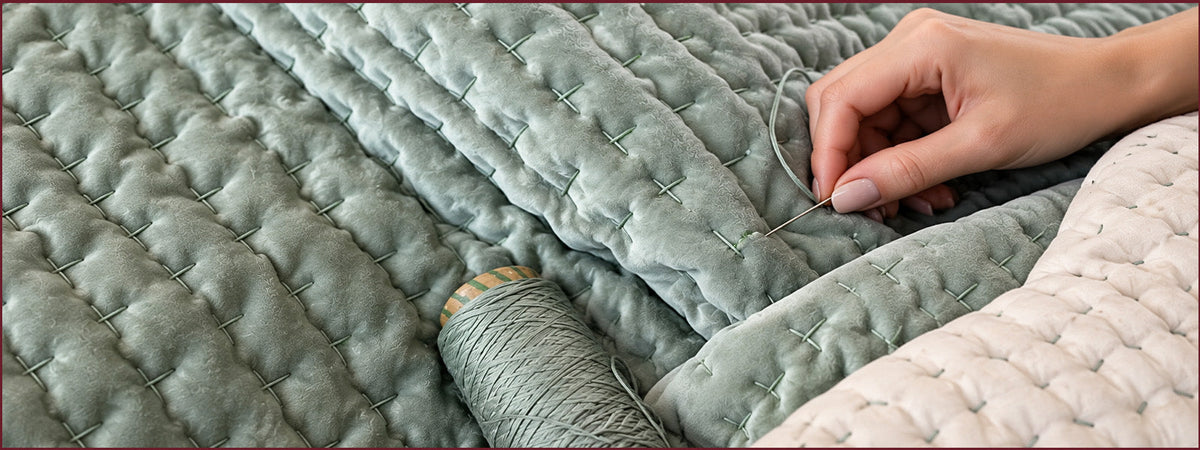 Green Luxury Quilt being hand stitched with matching thread, highlighting detailed craftsmanship and textured quilting.