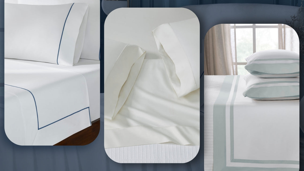 White cotton sheet sets and pillows displayed in a soft collage for luxury bedding collections. 