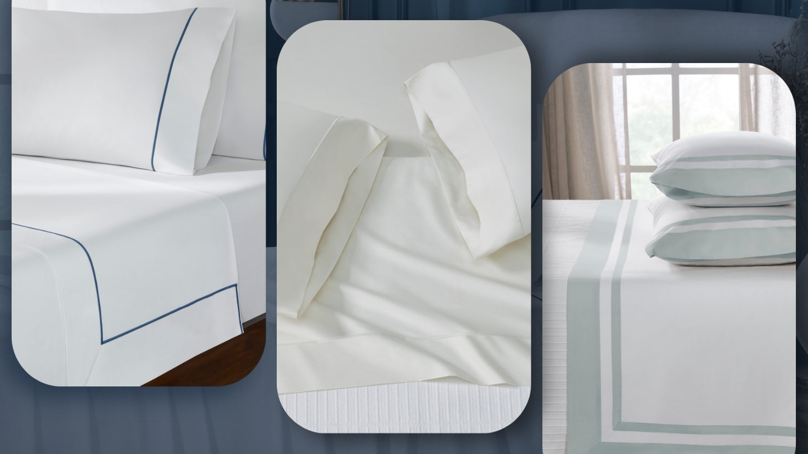 White cotton sheet sets and pillows displayed in a soft collage for luxury bedding collections. 