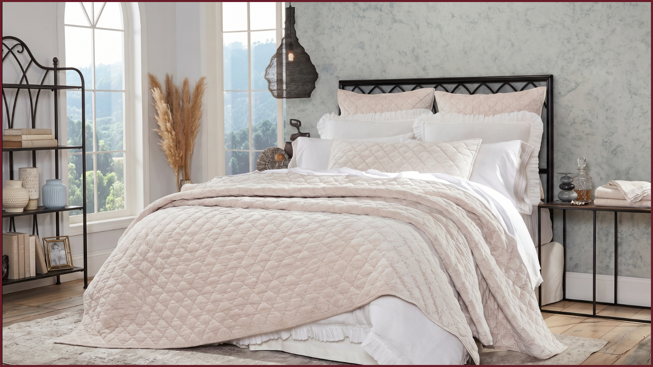 Premium quilt in soft blush velvet styled on a white bed with matching pillows, creating a cozy, elegant bedroom with layered luxury texture.