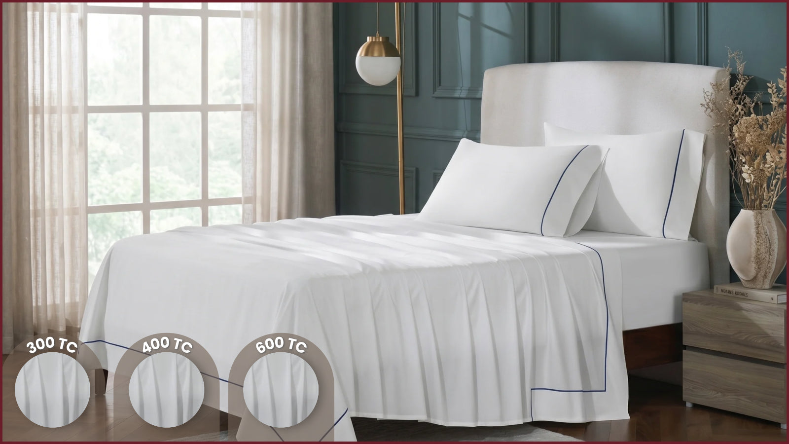 White luxury bed sheet set with 300 TC, 400 TC, and 600 TC thread count options in a styled bedroom