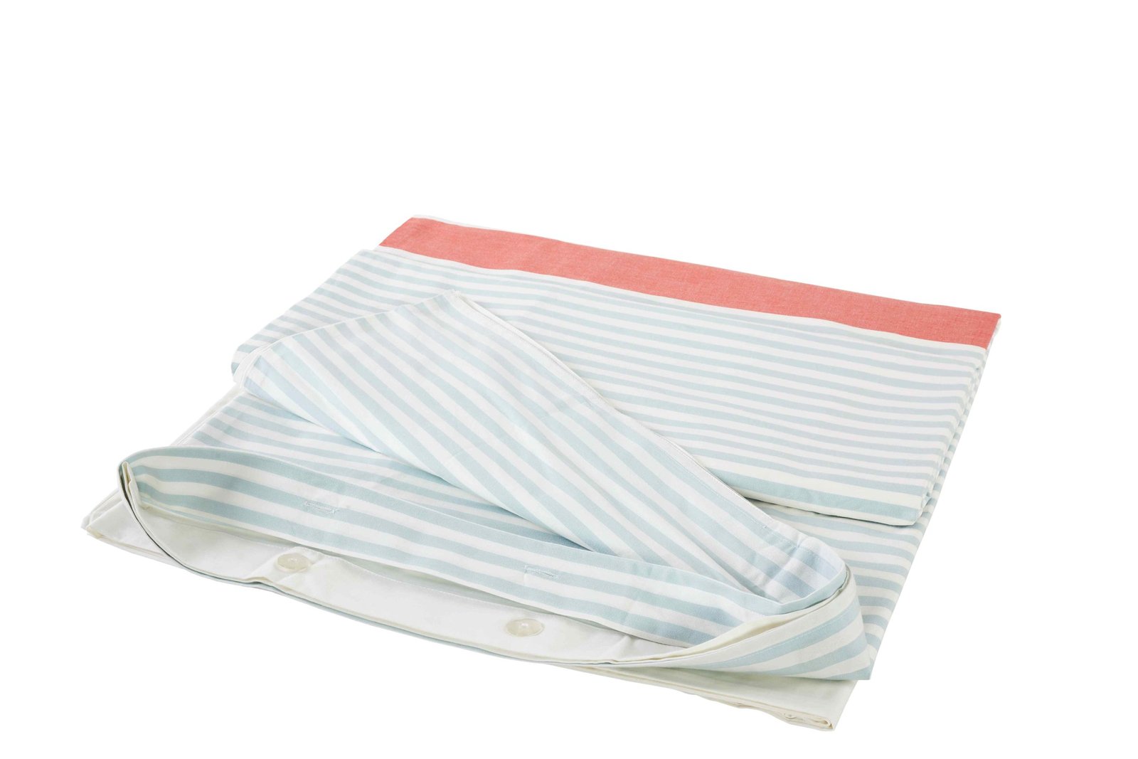 DT-001B-9092_2|Folded light blue and white striped pillow sham featuring a prominent coral red accent band. Casual styling.