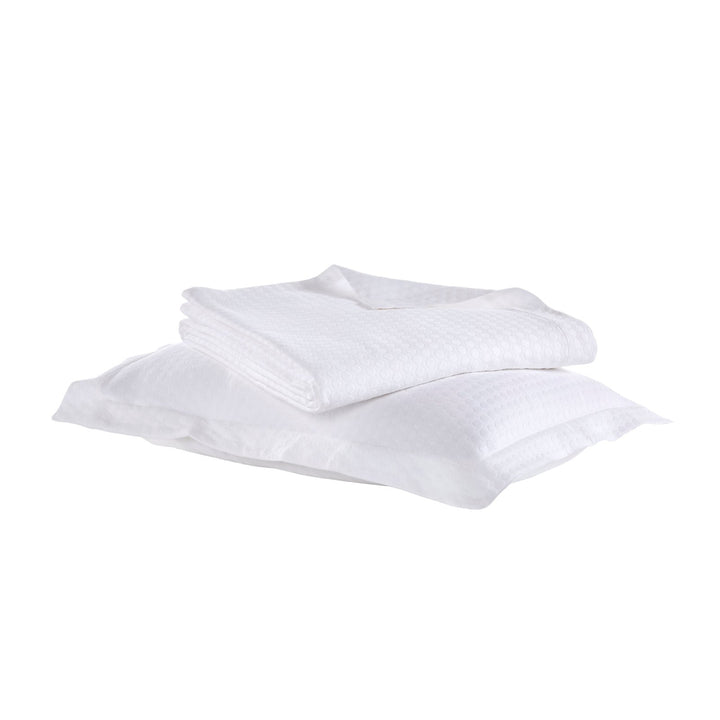 CL-174-11096_3|Stacked white quilted coverlet with a distinctive bubble pattern and matching pillow sham for bedroom.