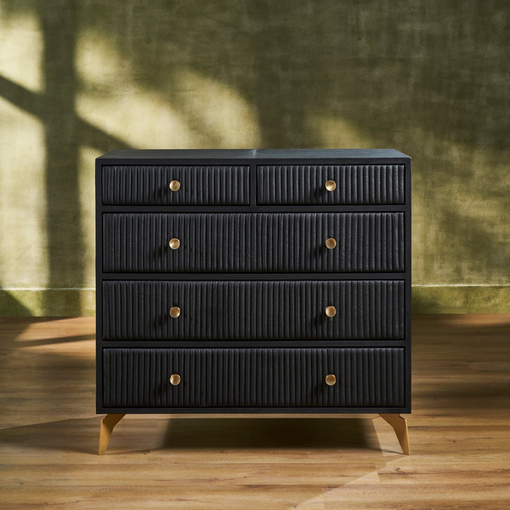 FN-5216-X_1|Elegant black fluted dresser with striking gold hardware, a sophisticated chest of drawers adding style to any room.