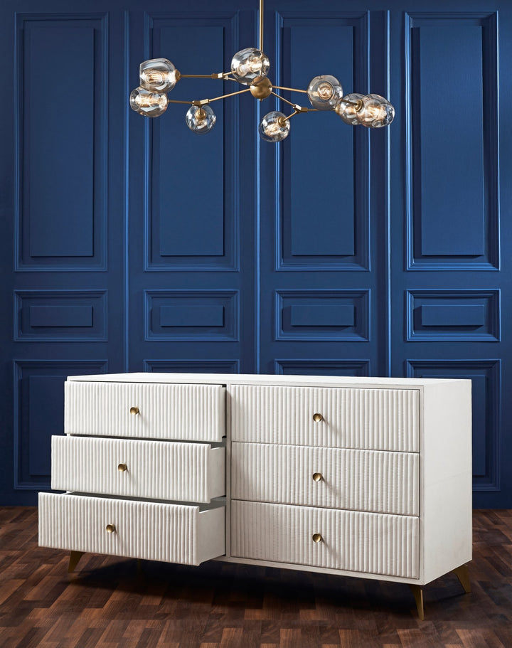 FN-5203-642033_4|Stylish white six-drawer dresser with ribbed fronts, showcasing ample storage space and elegant brass hardware.