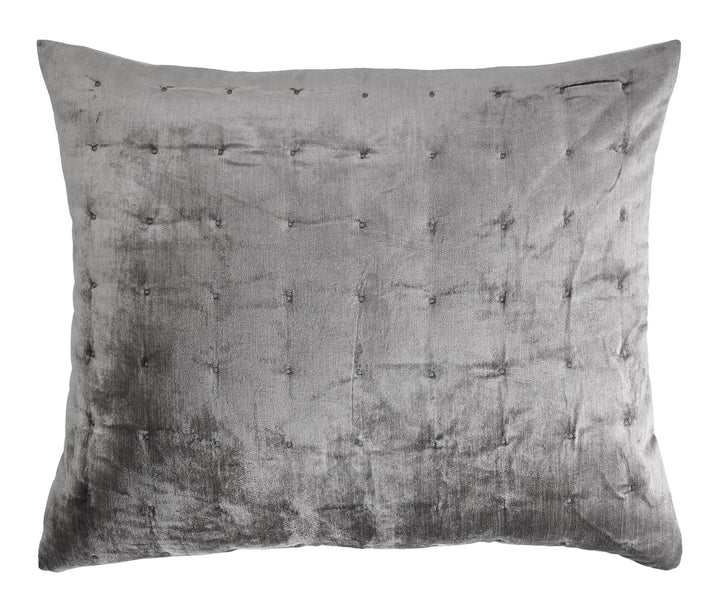 DE-307-3137_1|Soft grey quilted throw pillow with elegant button tufting, providing luxurious texture and comfort for any bedroom.
