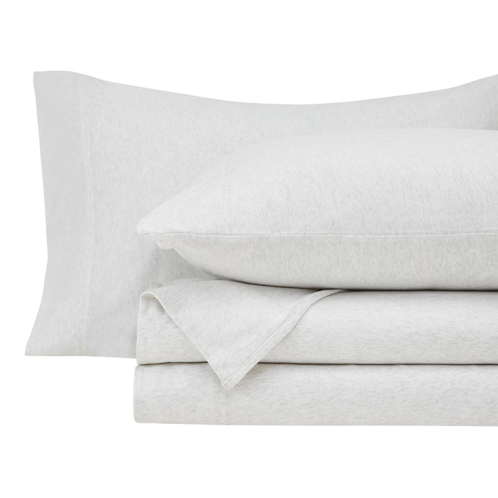 CSS-525-7284_5|Stacked soft light grey melange 100% cotton sheet set, including a pillowcase, on a clean white background.