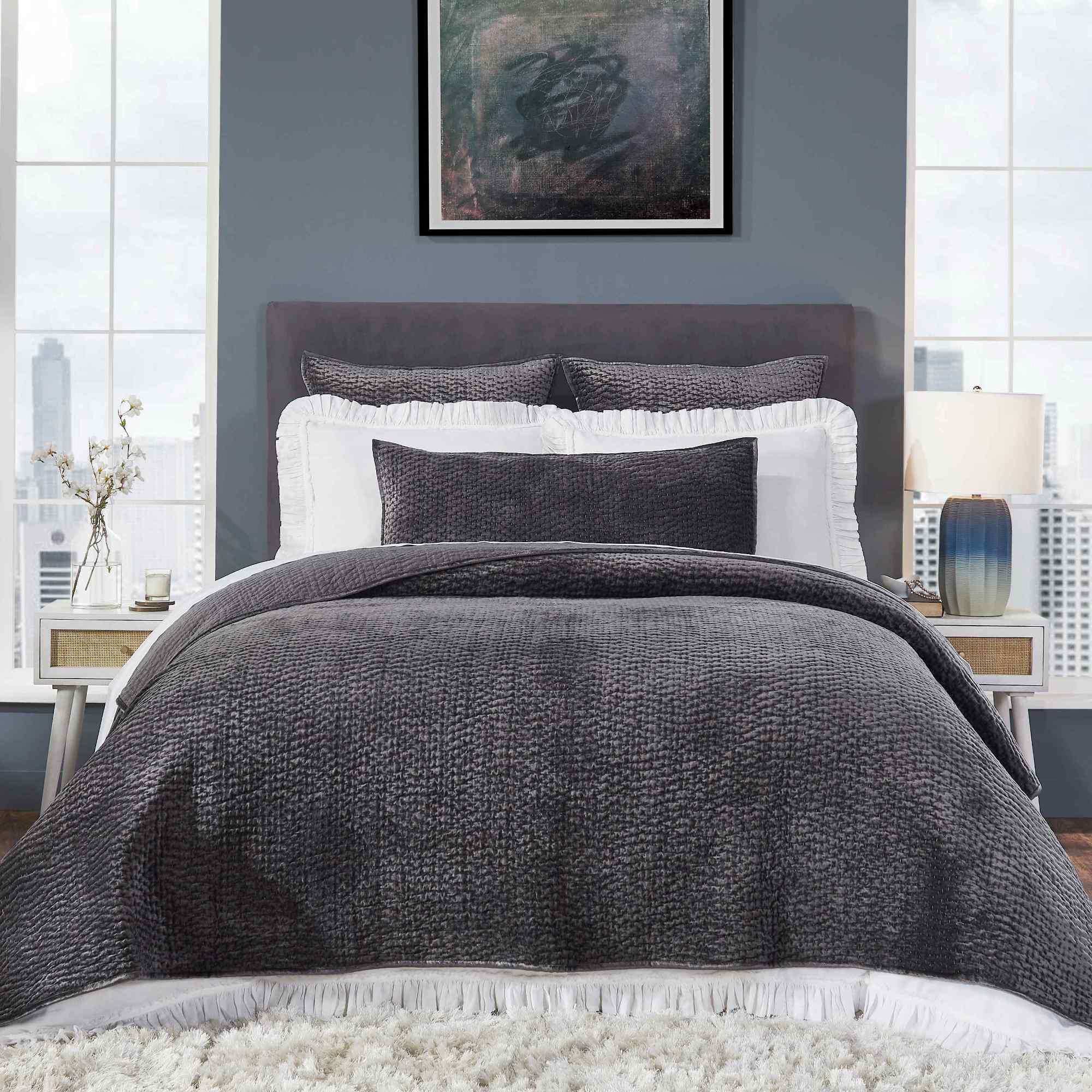 CL-184-11898_1|Luxurious dark gray textured coverlet gracing a contemporary bed, enhancing bedroom decor with rich color.