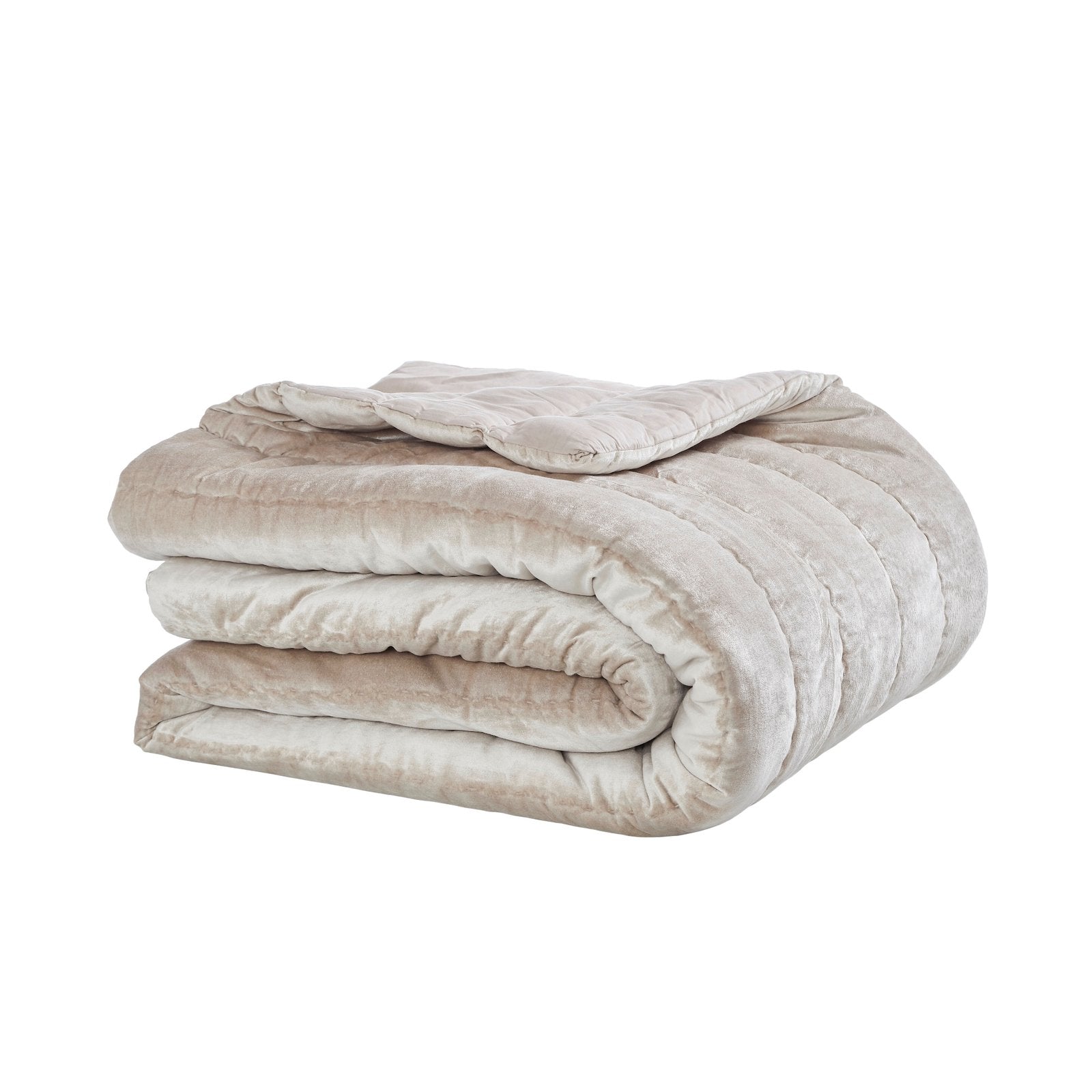 QT-339-11096_3|Luxurious light beige velvet quilt, channel quilted, folded neatly for a cozy bedroom aesthetic. Soft, elegant bedding.