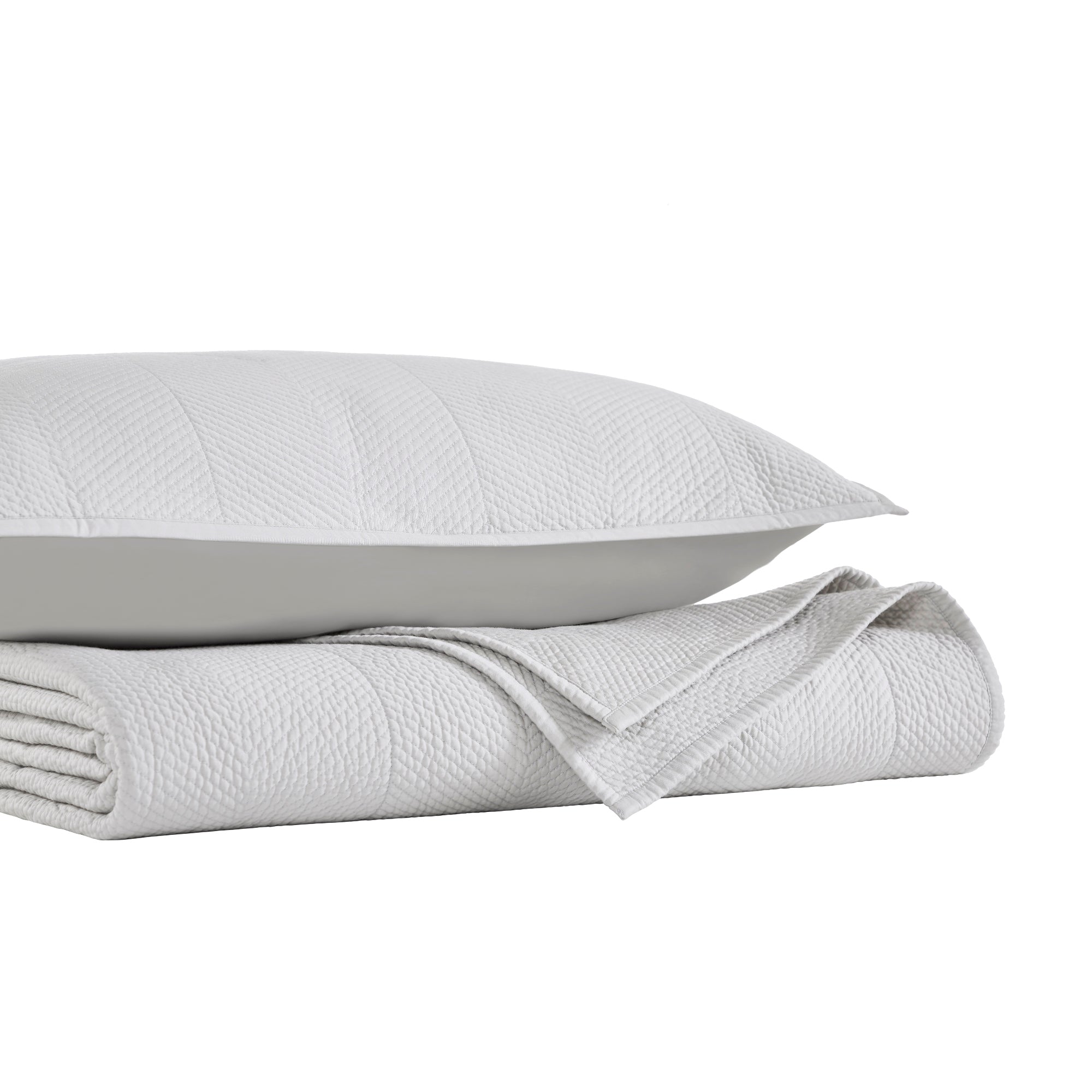 CL-172-11096_9|Coordinated light grey quilted coverlet and pillow set, featuring a stylish herringbone pattern for elegant bedding.