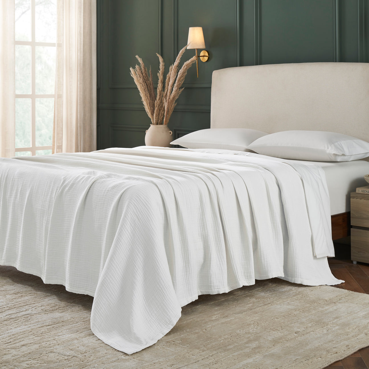 BL-861-11096_2|Plush white textured blanket fully covering a minimalist bed, creating a serene and comfortable focal point for any bedroom.