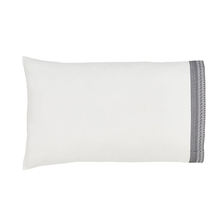 ASP-501-X_1|Crisp white pillow sham featuring a stylish navy blue woven decorative border on the right side, isolated.