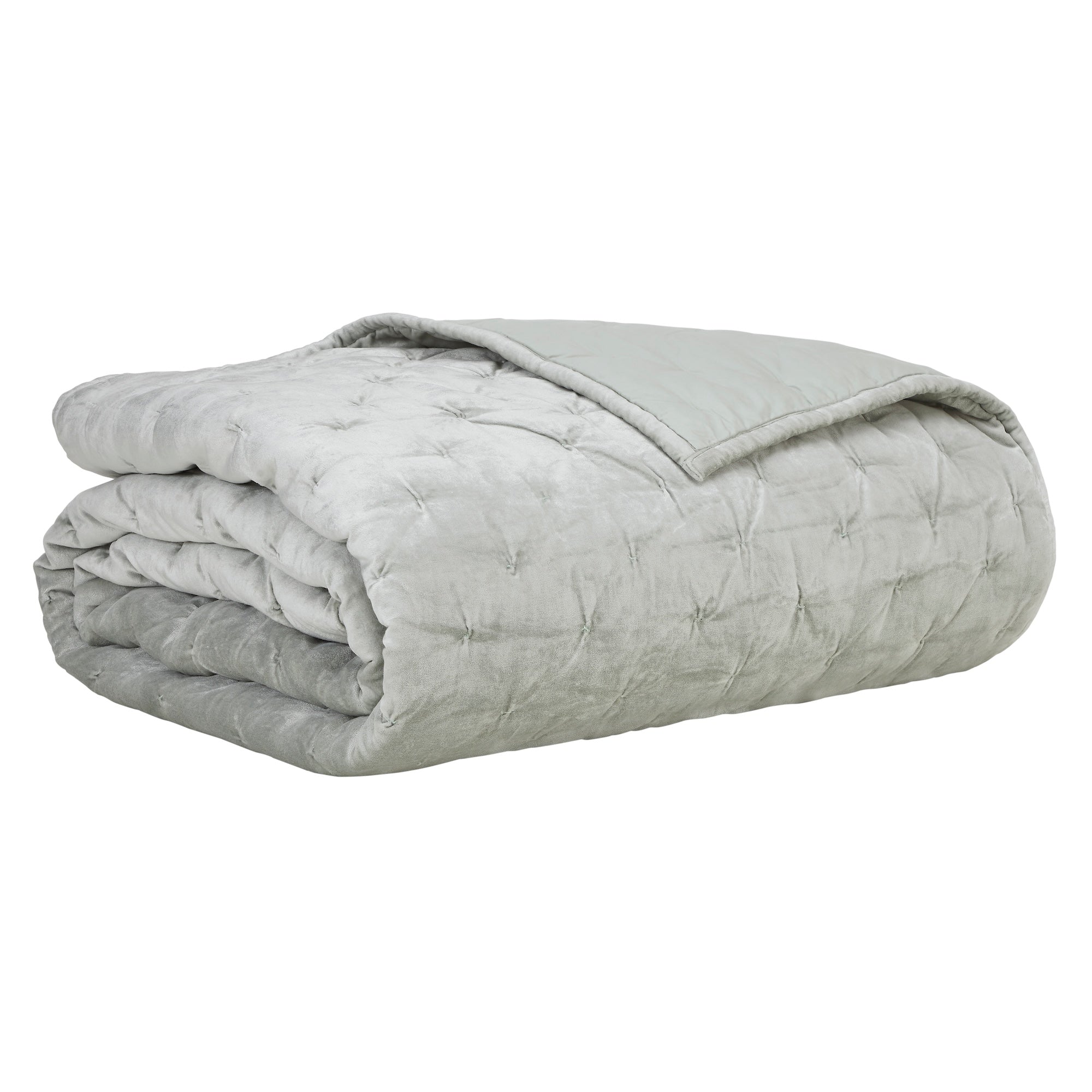 QT-371-11096_6|Folded light grey velvet quilt, showcasing soft texture and square tufting, perfect for adding warmth and style.