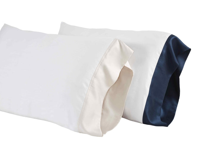 AKP-513-2040_2|Two 100% Lyocell pillowcases: white with beige border, white with navy border. Cooling, soft sateen luxury. (117)