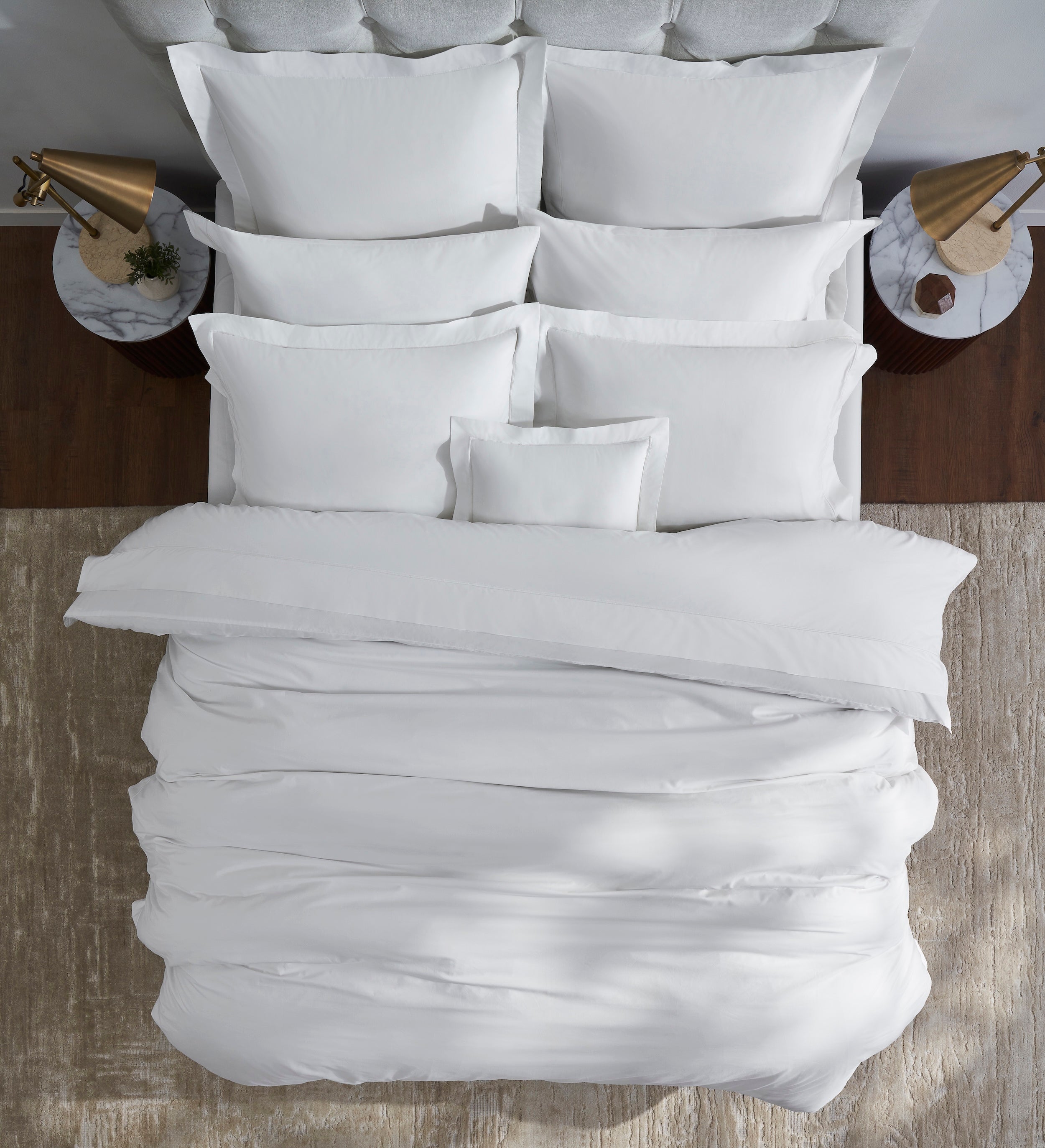 DT-058-9092_3|Crisp white pure cotton duvet cover from an overhead view, creating a serene and minimalist luxury bedroom setting.
