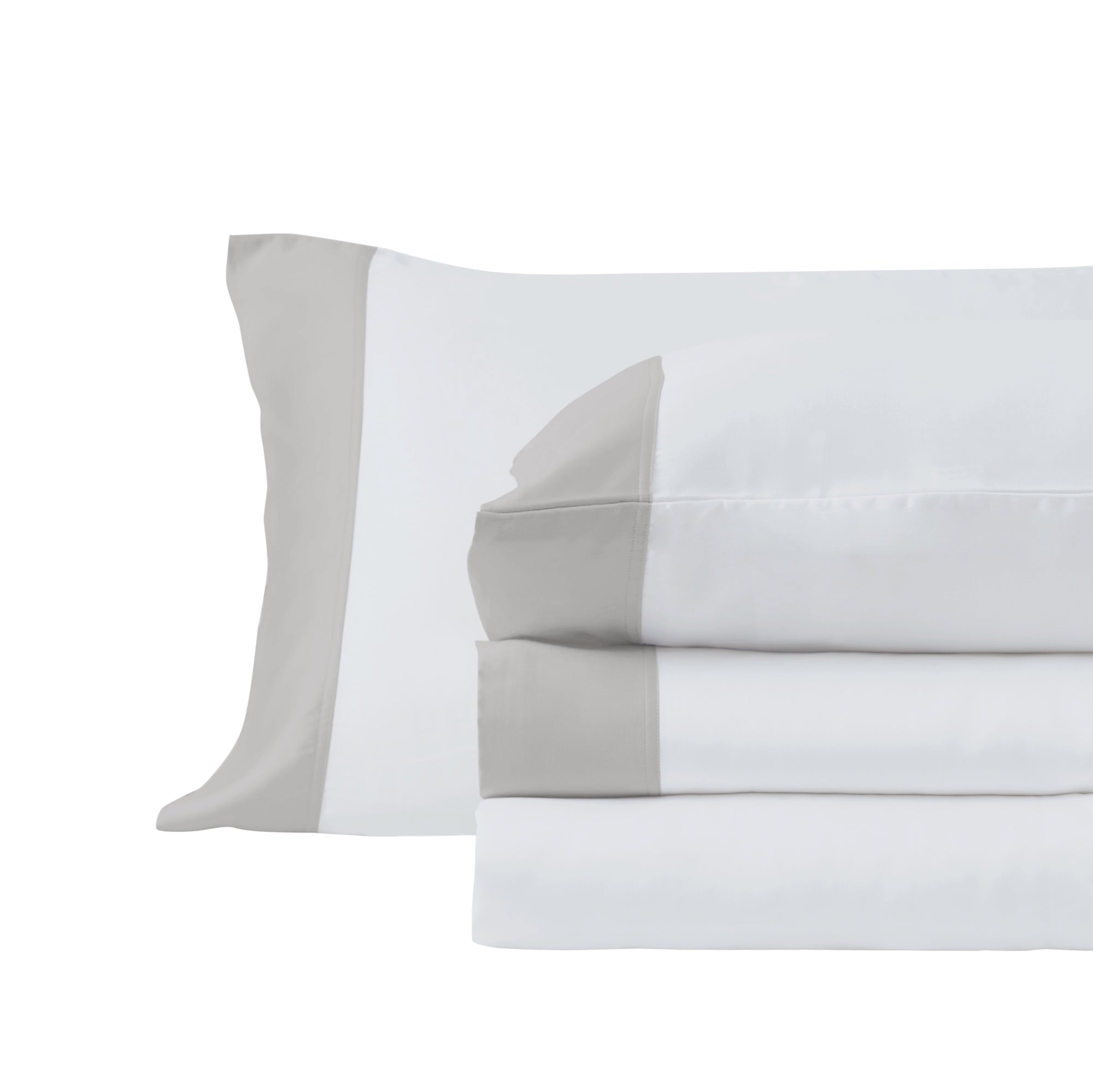 KSS-529-7880_3|Stacked white 100% Lyocell sheets with elegant grey trim, offering luxurious softness and breathability for premium bedding.