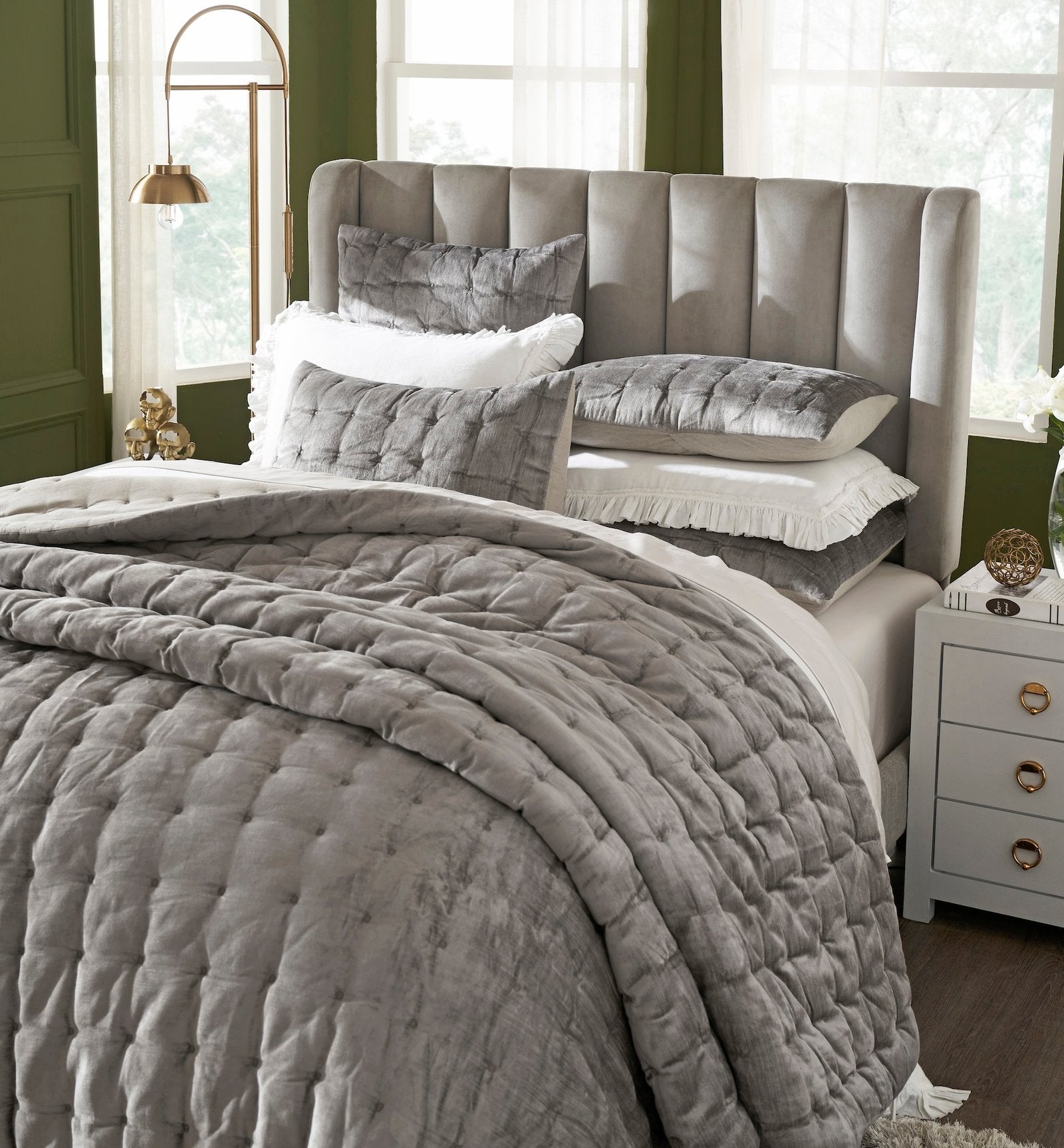 QT-306-X_1|Plush gray velvet throw pillow with distinct tufted squares, offering luxurious texture and modern comfort.
