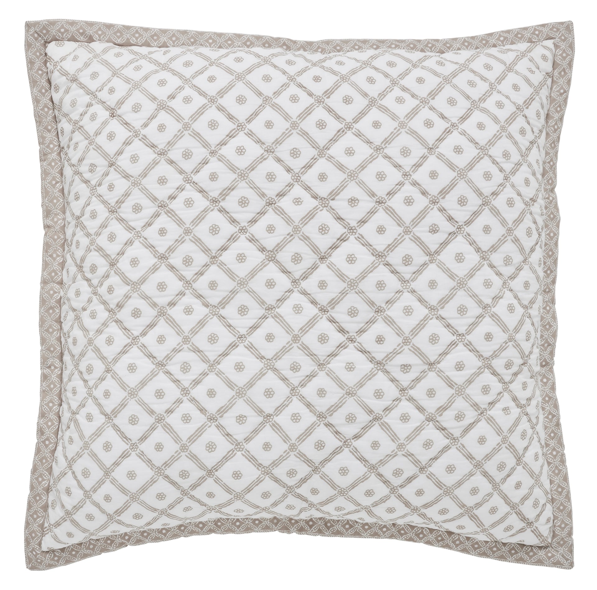 SS-345-X_1|Square quilted pillow with a delicate beige geometric pattern on white, framed by a matching border, complementing a neutral quilt.