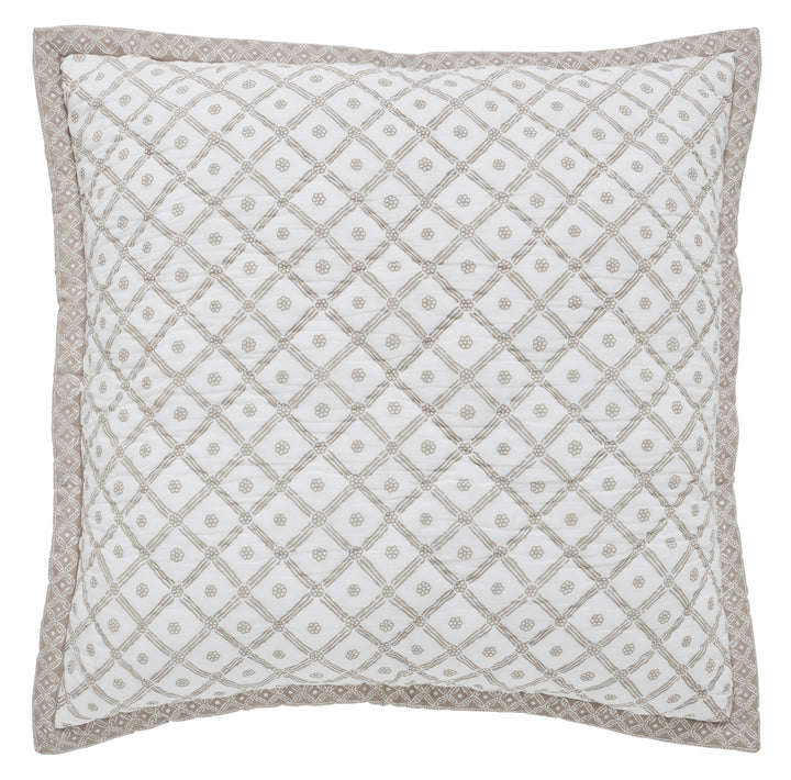 SS-345-X_1|Square quilted pillow with a delicate beige geometric pattern on white, framed by a matching border, complementing a neutral quilt.