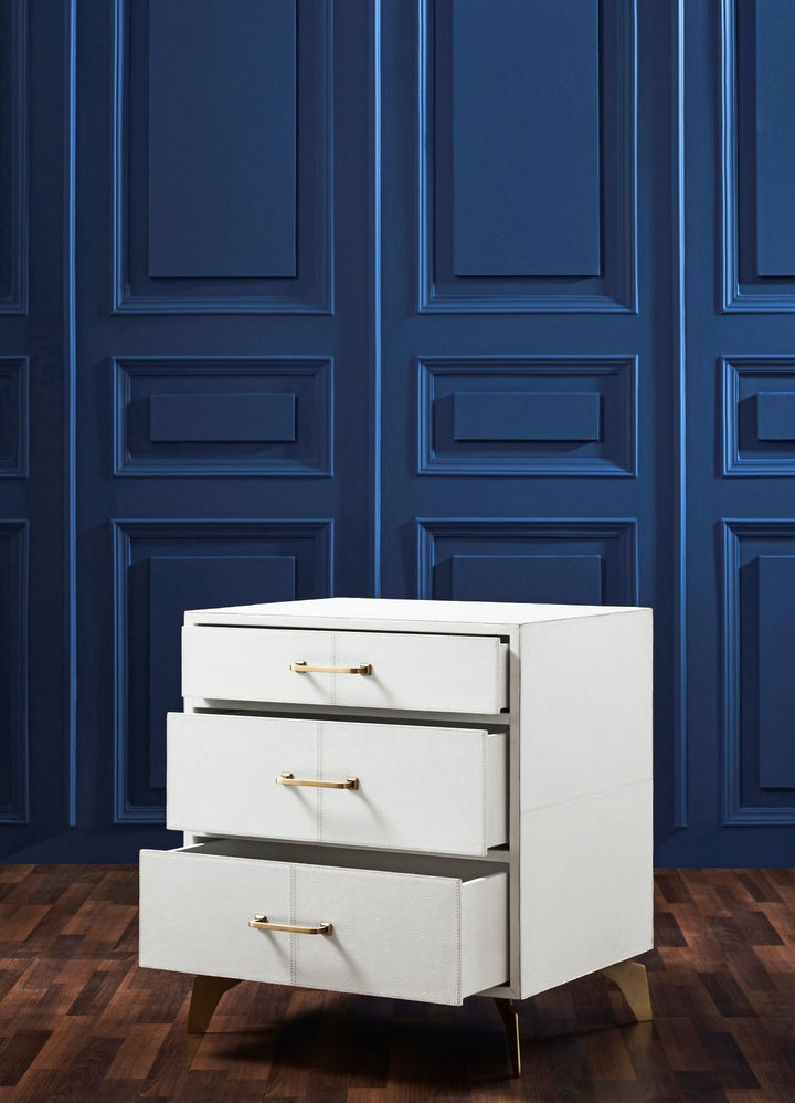 FN-5201-262028_4|Modern white shagreen three-drawer nightstand with gold hardware, one drawer slightly open. Bedroom storage.