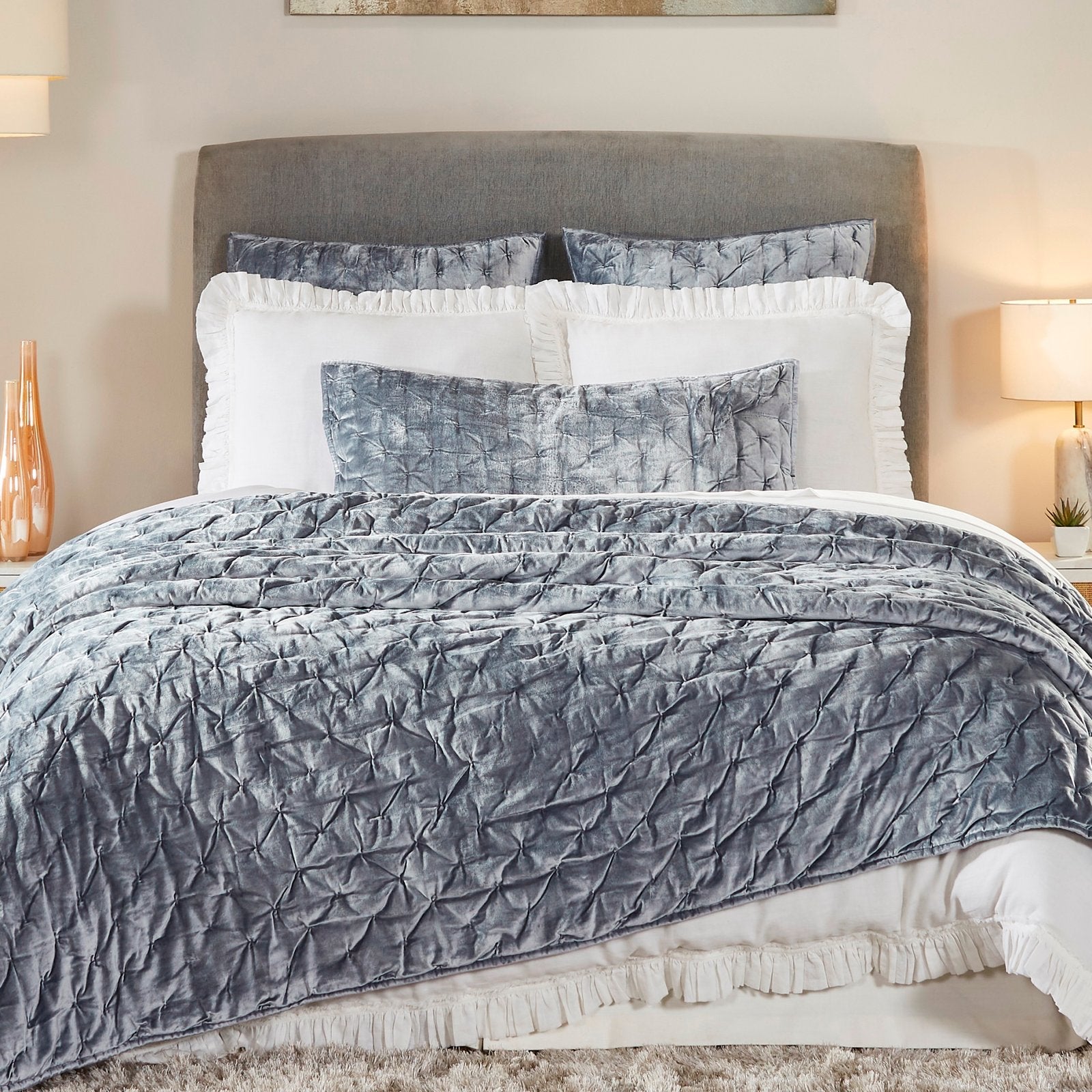 QT-336-11898_1|Plush slate grey velvet pleated quilt for an opulent bedroom. Adds rich texture and warmth, creating a luxurious retreat.
