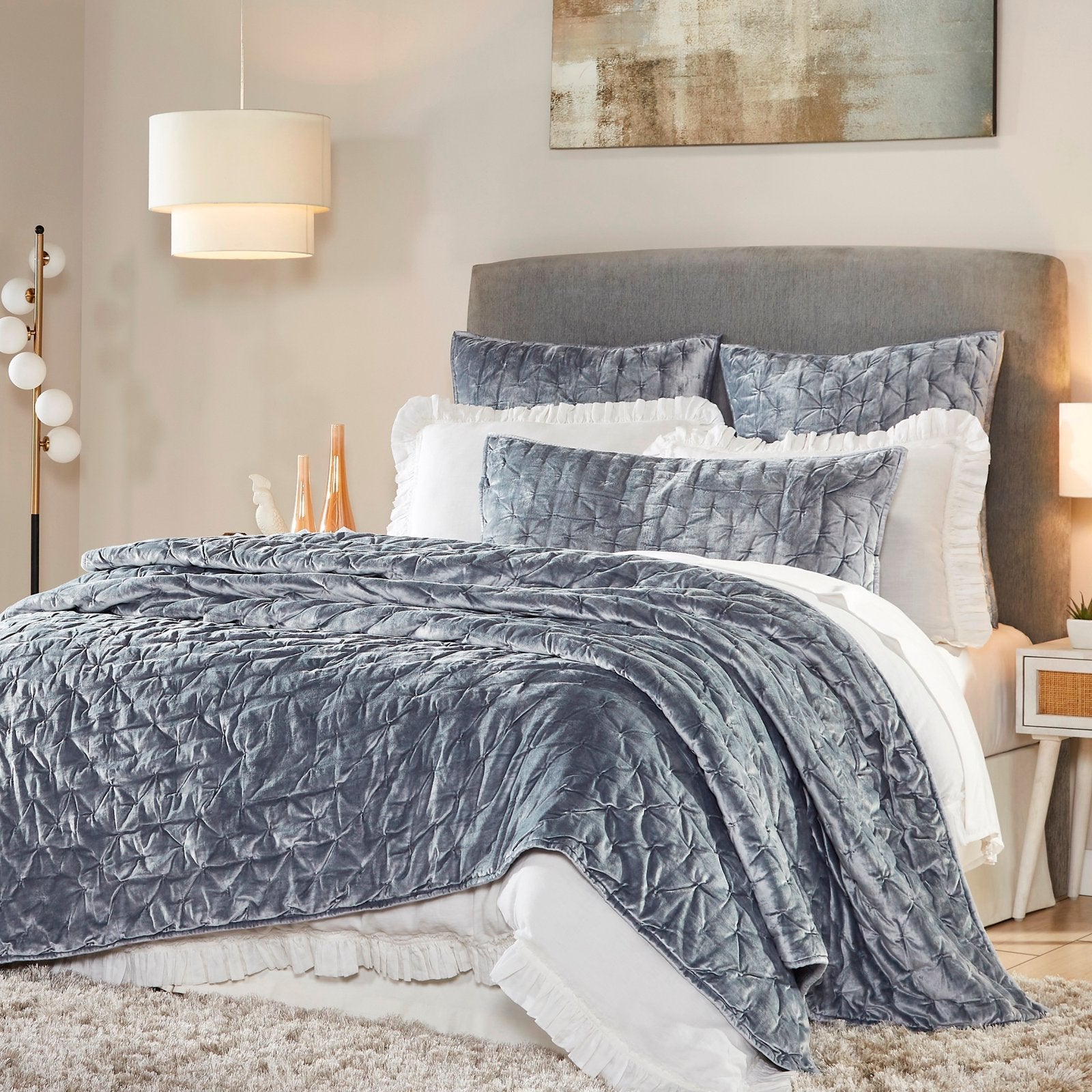 QT-336-11096_2|Stylish grey velvet quilted bedding set with decorative pillows on a plush bed, creating a cozy and modern bedroom retreat.