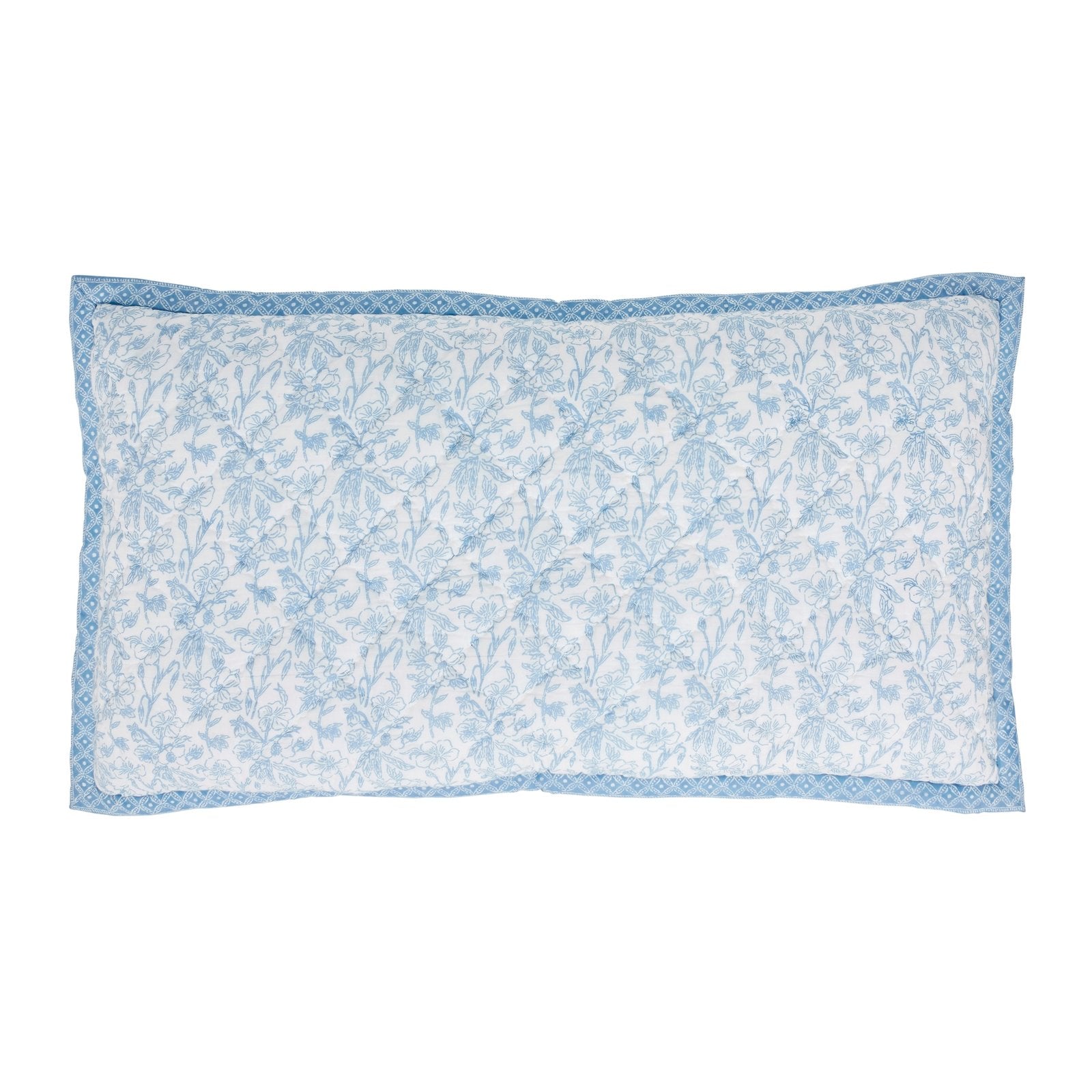 KS-345-2036_1|Decorative quilted sham in blue and white floral pattern with intricate stitching. Perfect for bedroom decor.
