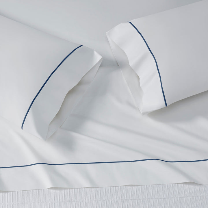 ASP-549-2032_4|Luxury white 100% cotton sheet set and pillowcases with elegant dark blue embroidered border, soft and breathable bedding.