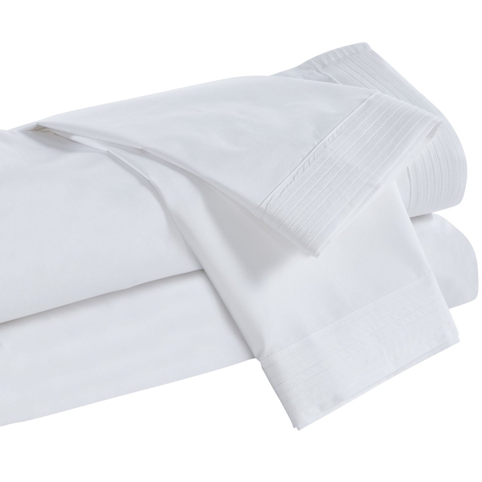 KSS-521-7880_4|Neatly folded white 100% cotton sheets and pillowcases with elegant pleated hems, soft and inviting fabric.