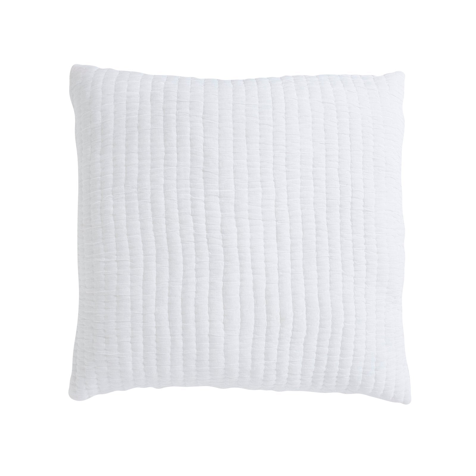 ES-358-2626_1|Crisp white square quilted cushion, featuring a subtle crinkled texture with horizontal stitching for a minimalist, cozy feel.