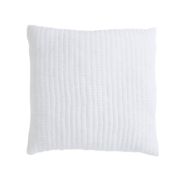 ES-358-2626_1|Crisp white square quilted cushion, featuring a subtle crinkled texture with horizontal stitching for a minimalist, cozy feel.
