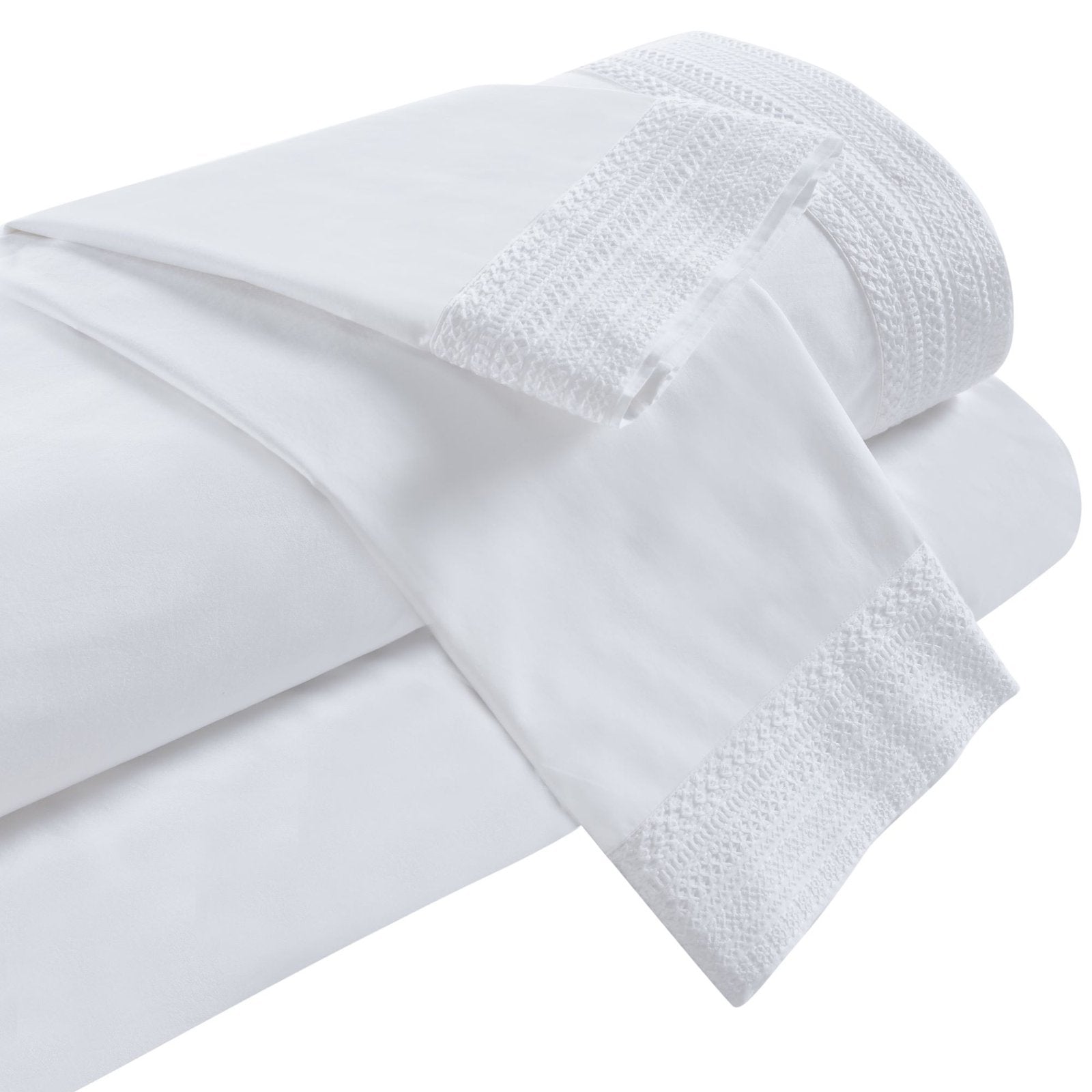 QSS-520-6080_5|Crisp white 100% cotton sheets, neatly folded with delicate embroidered trim. High-quality percale bedding set.