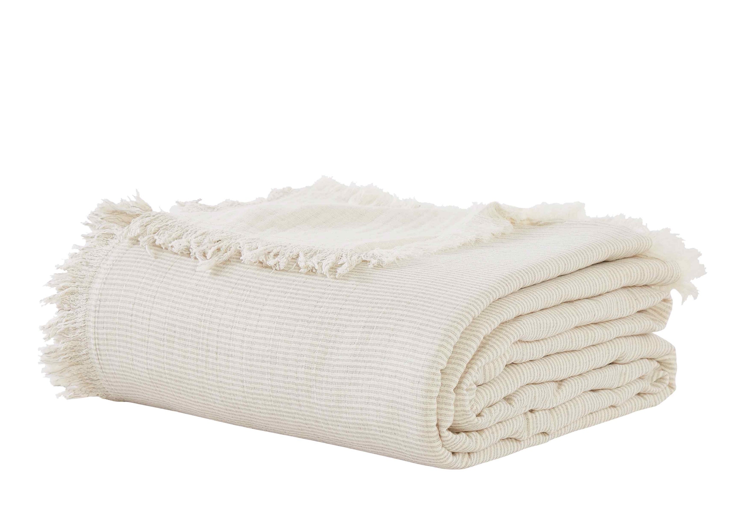 BT-114-9496_4|Neatly folded cream striped blanket featuring delicate fringe edges, ideal for adding a touch of cozy elegance to any living space.