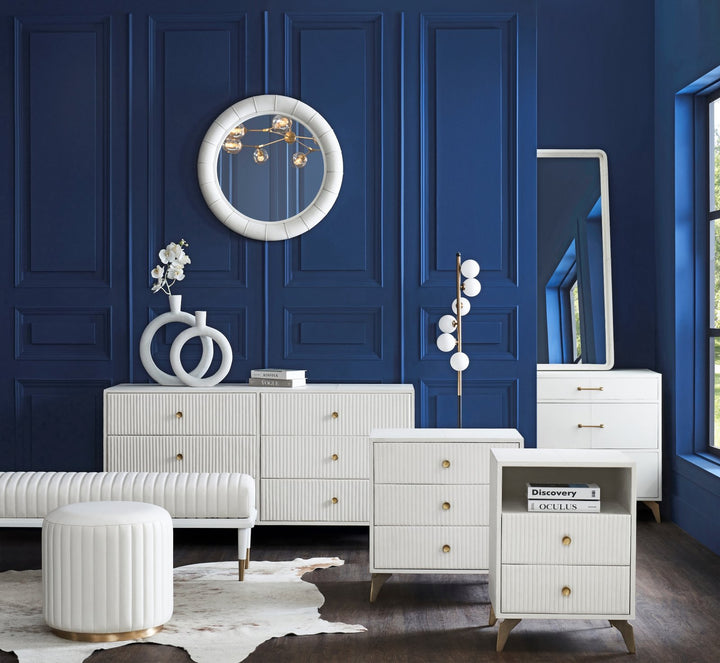 FN-5202-X-1_2|Luxurious white ribbed bedroom furniture set with gold accents, including dressers, nightstands, bench, and ottoman.