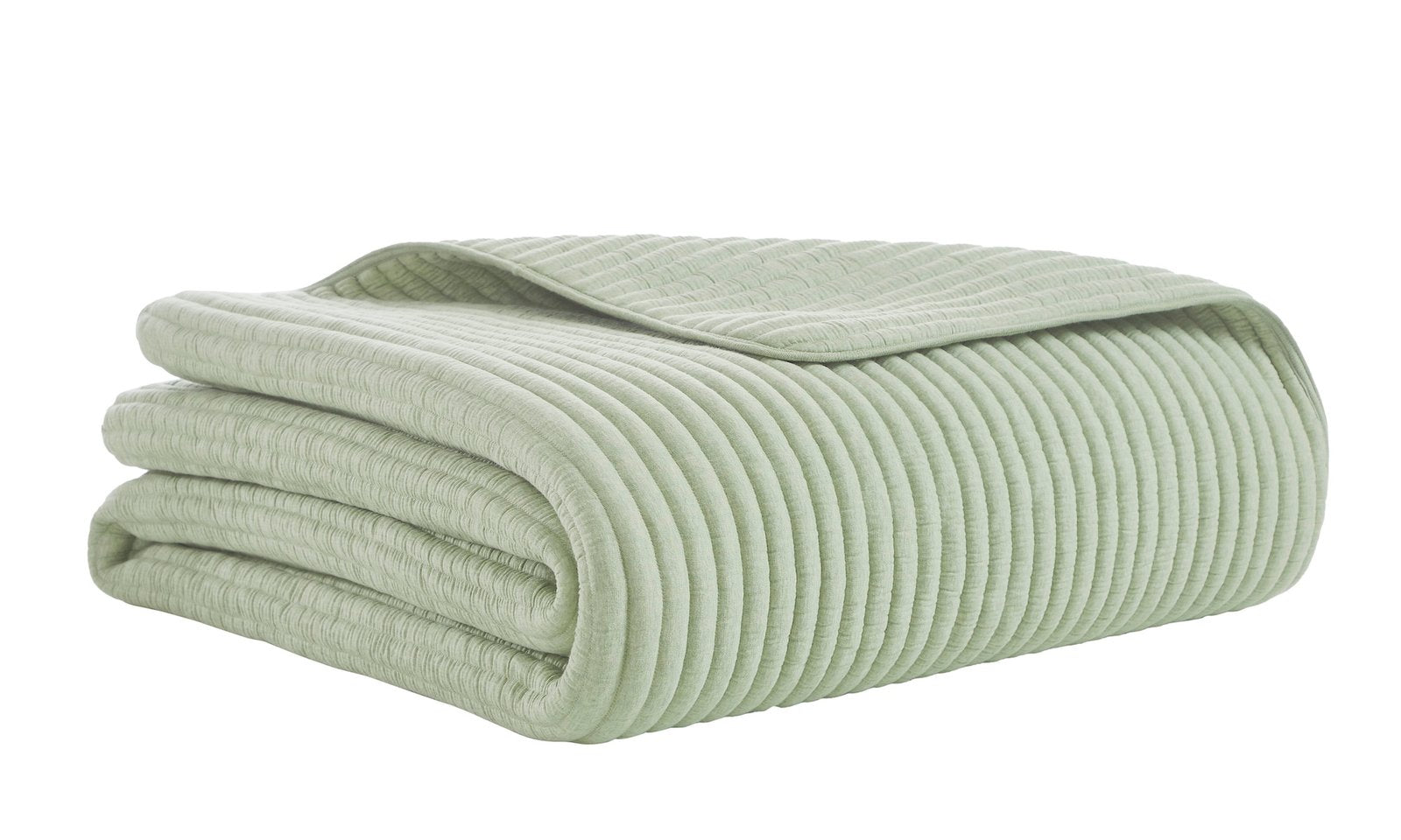 QT-370-9496_5|Folded sage green ribbed velvet quilt, soft luxurious texture, cozy and stylish bedroom accent, comfortable design.