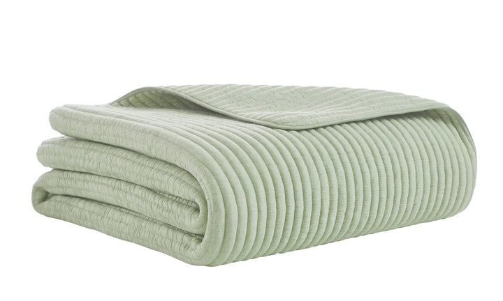 QT-370-9496_5|Folded sage green ribbed velvet quilt, soft luxurious texture, cozy and stylish bedroom accent, comfortable design.