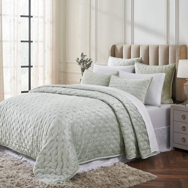 QT-371-9496_2|Luxurious mint green velvet quilt set, showcasing detailed textured diamond quilting, ideal for sophisticated bedroom styling.
