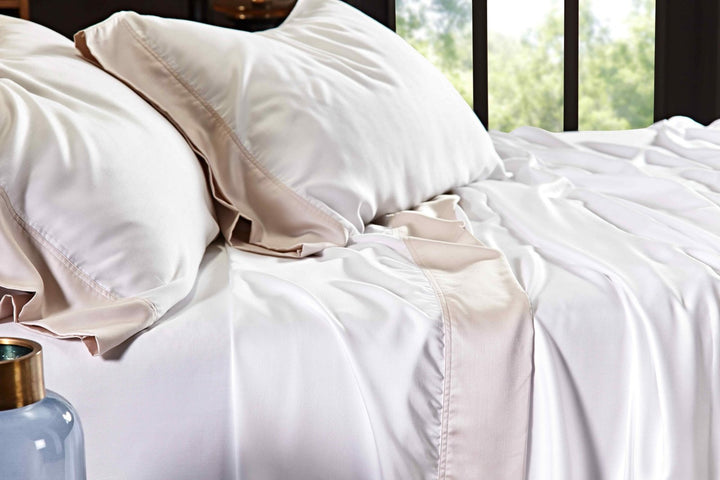 KSS-512-7880_4|Luxurious white 100% Lyocell sheets with elegant beige trim, providing a silky, breathable, and eco-friendly sleep experience.