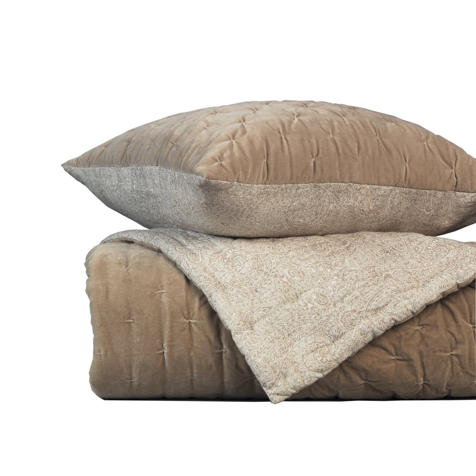 ES-303-2626_3|Stack of a plush taupe velvet quilted quilt and matching pillow with intricate paisley pattern for bedding.