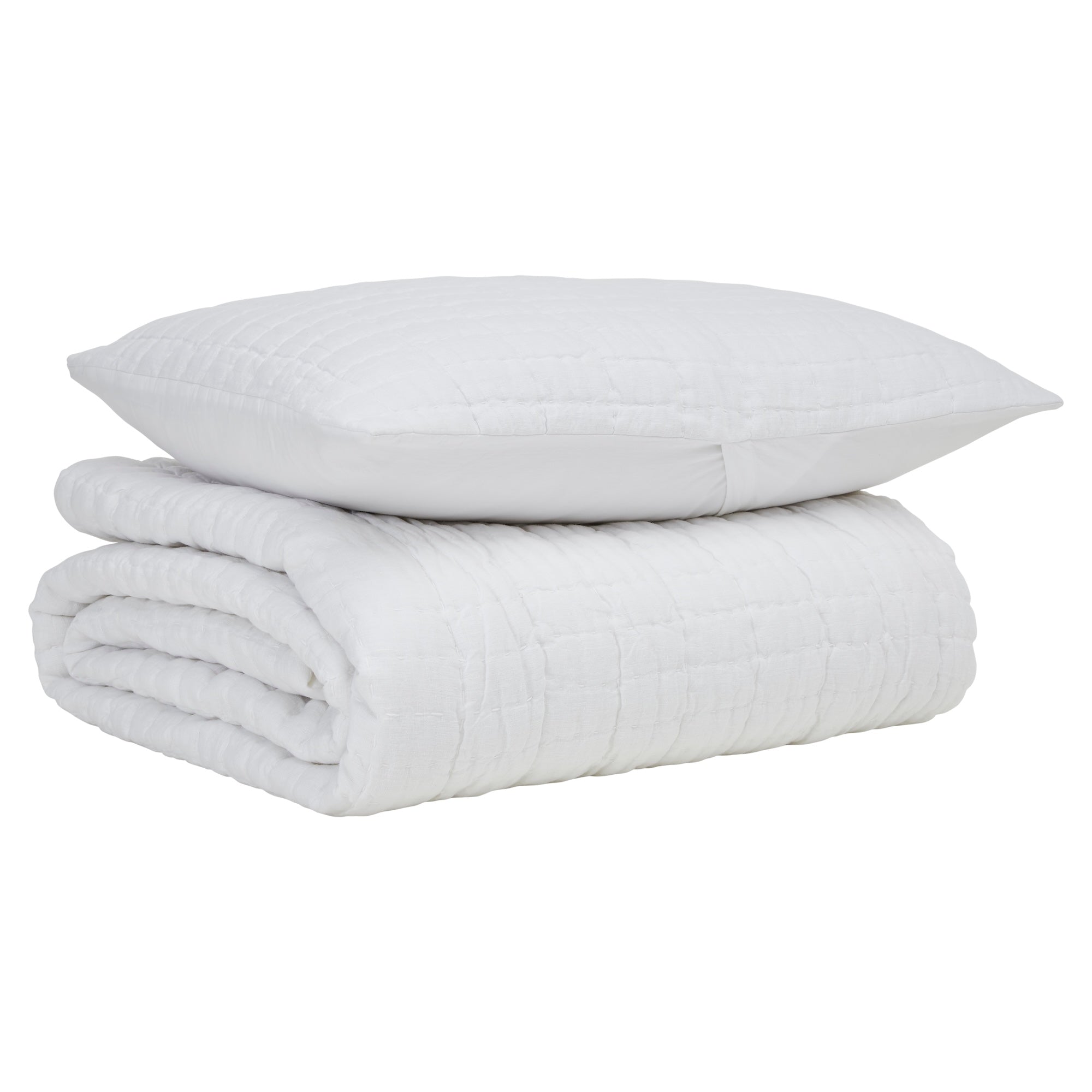 QT-372-11096_5|Folded white textured quilt with a matching soft pillow, showcasing elegant, comfortable bedding. Ideal for any bed.