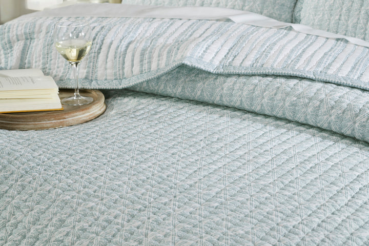 QT-347-11096_4|Luxurious blue patterned quilt on a bed, highlighting detailed texture and a serene feel, perfect for a cozy and relaxing bedroom.