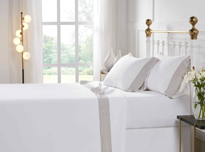 KSS-517-7880_6|Elegant white 100% linen sheet set with stylish natural border. Soft, breathable, luxurious bedding for comfort.