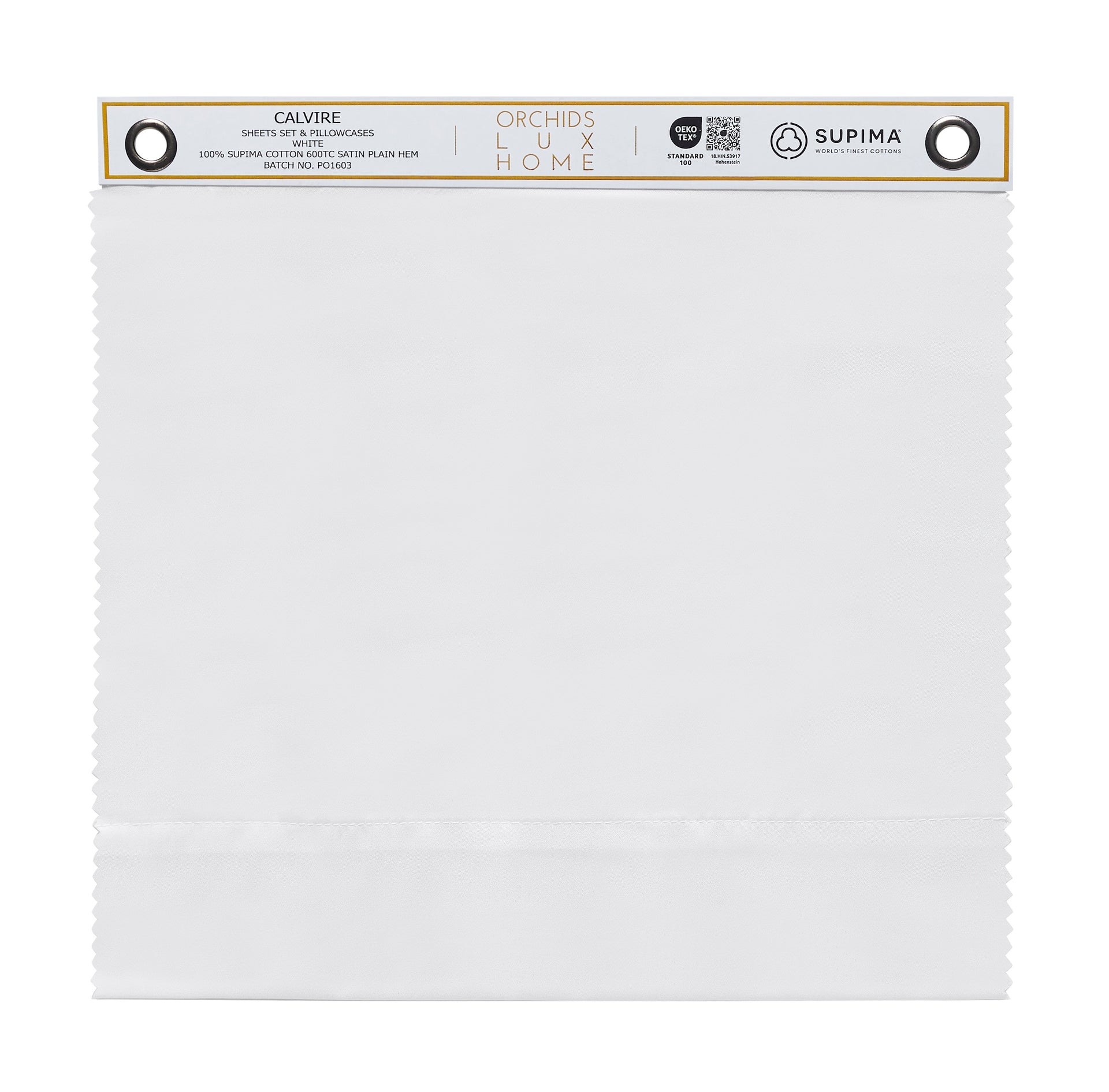 SWT-539-1010_1|100% Supima cotton Calvire sheets swatch, 400TC sateen, white, plain hem, OEKO-TEX certified for luxury.