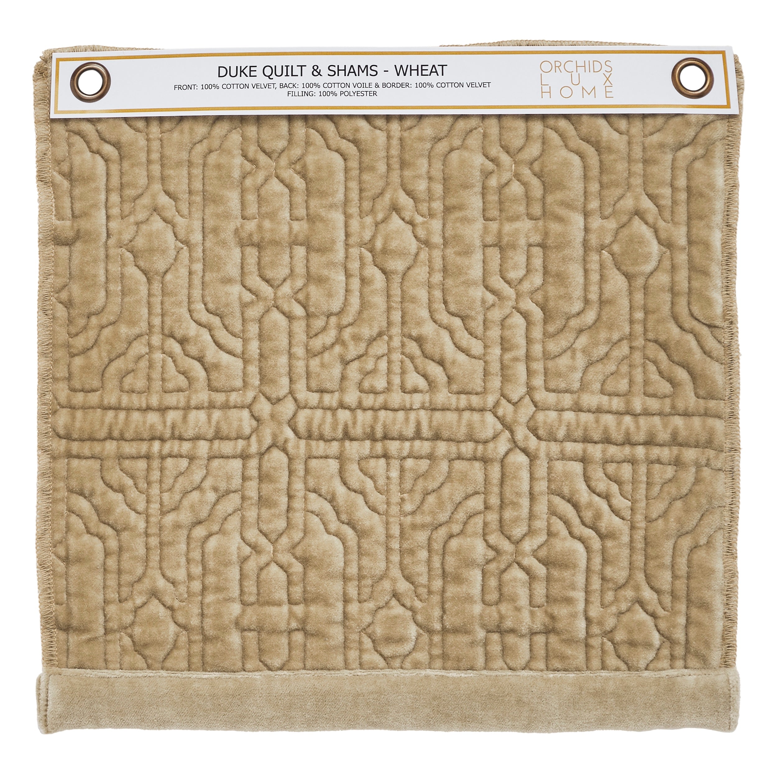SWT-377-1010_1|Wheat brown velvet quilt swatch with intricate geometric quilted pattern. Luxurious cotton velvet for elegant bedding.