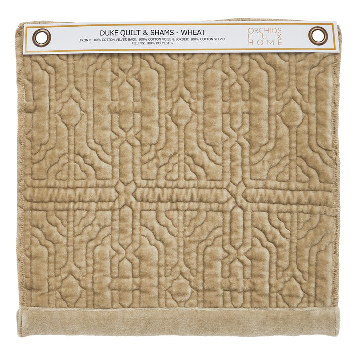 SWT-377-1010_1|Wheat brown velvet quilt swatch with intricate geometric quilted pattern. Luxurious cotton velvet for elegant bedding.